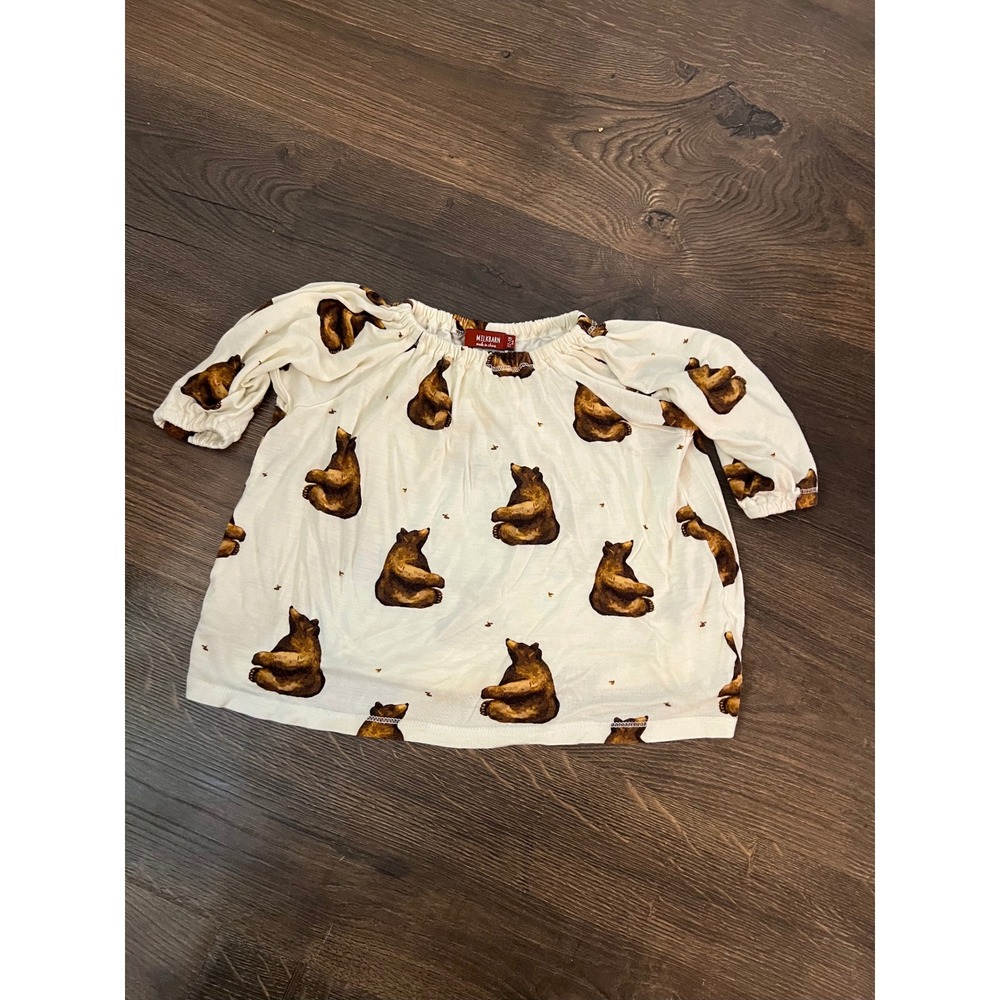 Milkbarn Baby Bear Print Long Sleeve Peasant Top Cream Brown 12-18 Months
